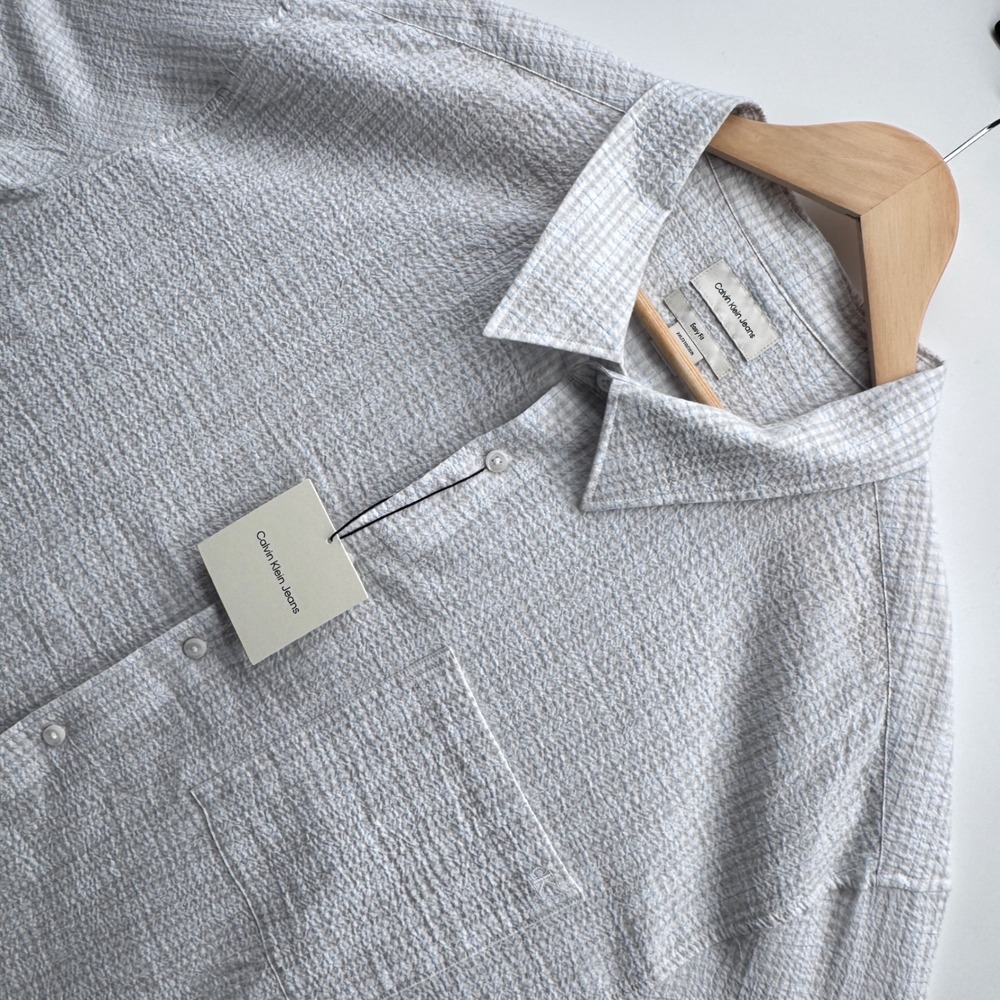 Calvin Klein Button Up Shirt Mens 2XL White Seersucker Short Sleeve